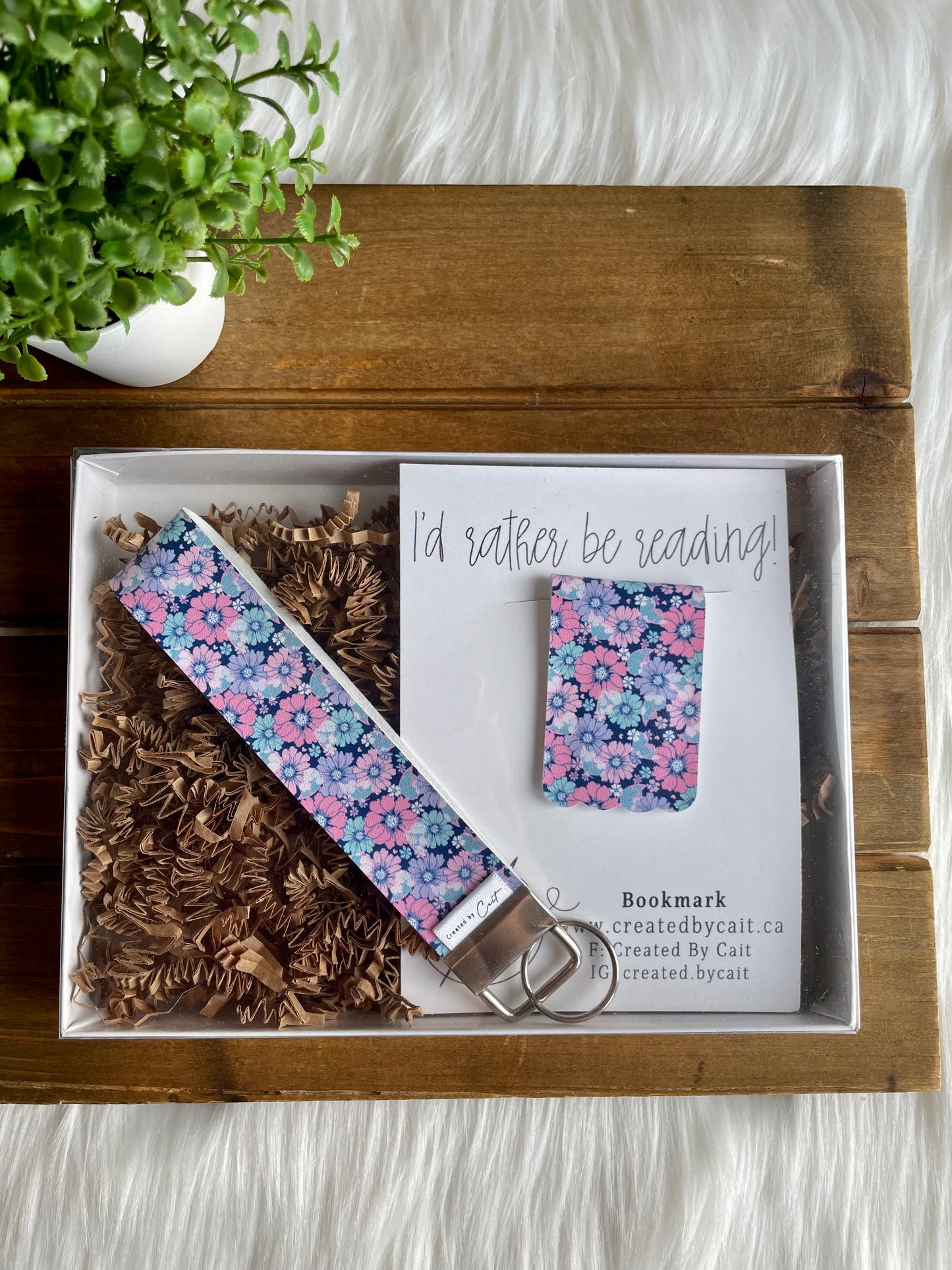 Blue Floral Keychain Wristlet & Bookmark // Gift Box
