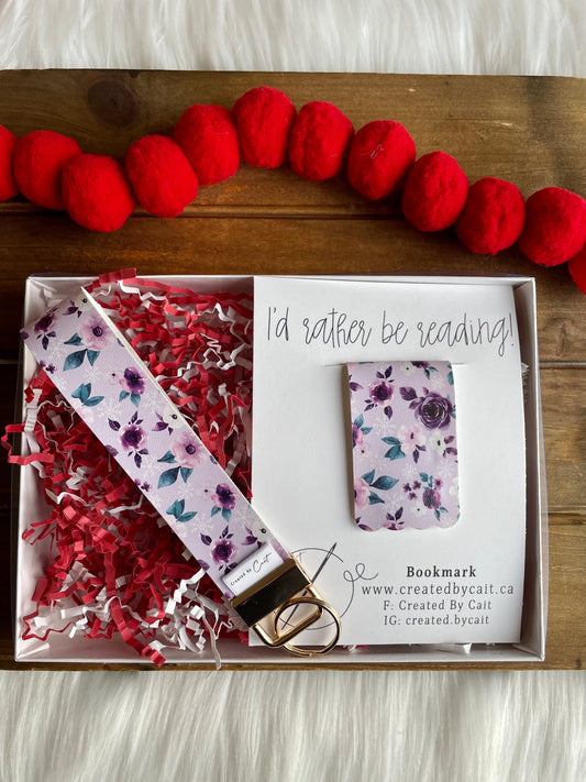Purple Winter Floral Keychain Wristlet & Bookmark // Gift Box